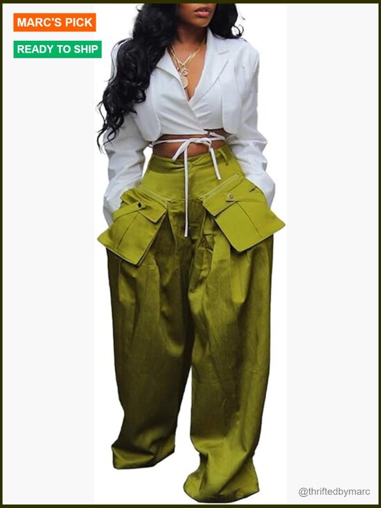 Pants - High Waisted Wide Leg Cargo Pants with Pockets